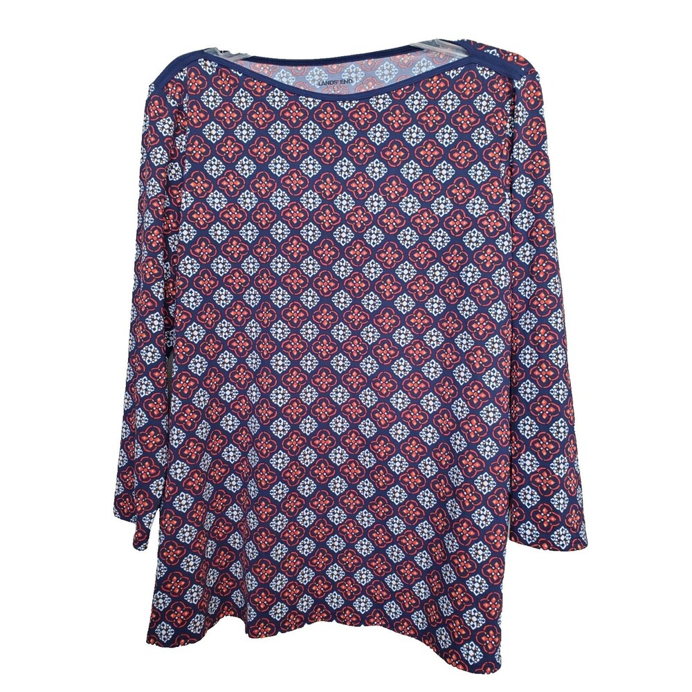 Lands' End Women's Medallion Print Boat Neck Rash Guard Swim Tee Size L Long
